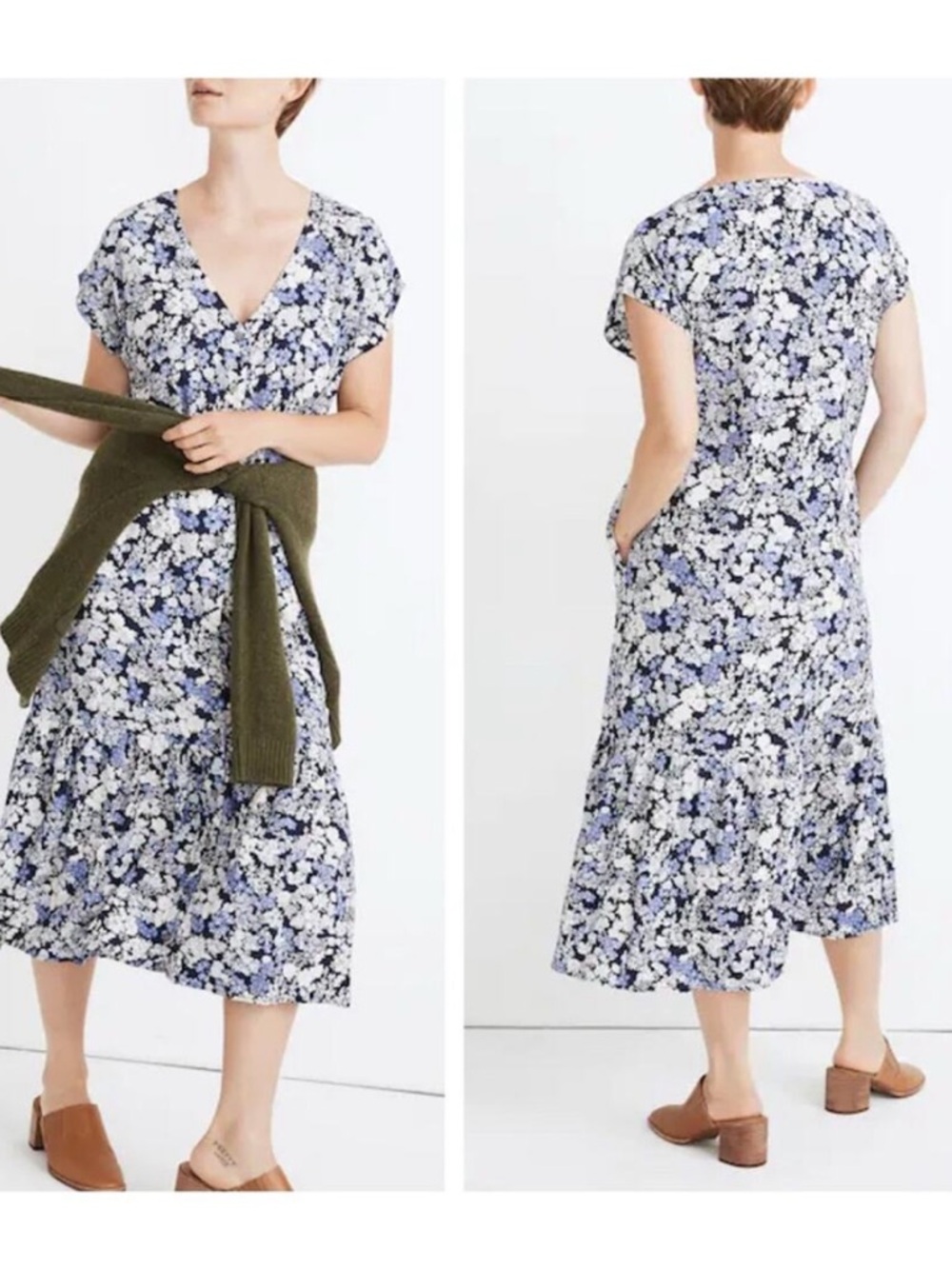Madewell Floral Button up Midi Dress in Navy and White with Bottom Ruffle